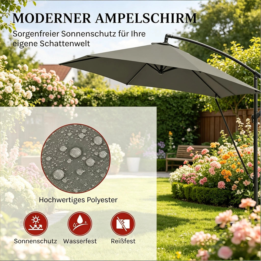 Ombrellone da giardino a sbalzo con manovella e inclinazione in metallo e poliestere grigio scuro 310 × 310 cm