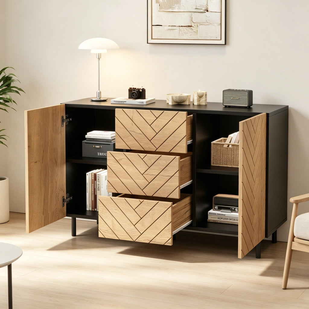 Sideboard moderno 120 x 40 x 76 cm in truciolare; finitura legno naturale e nero