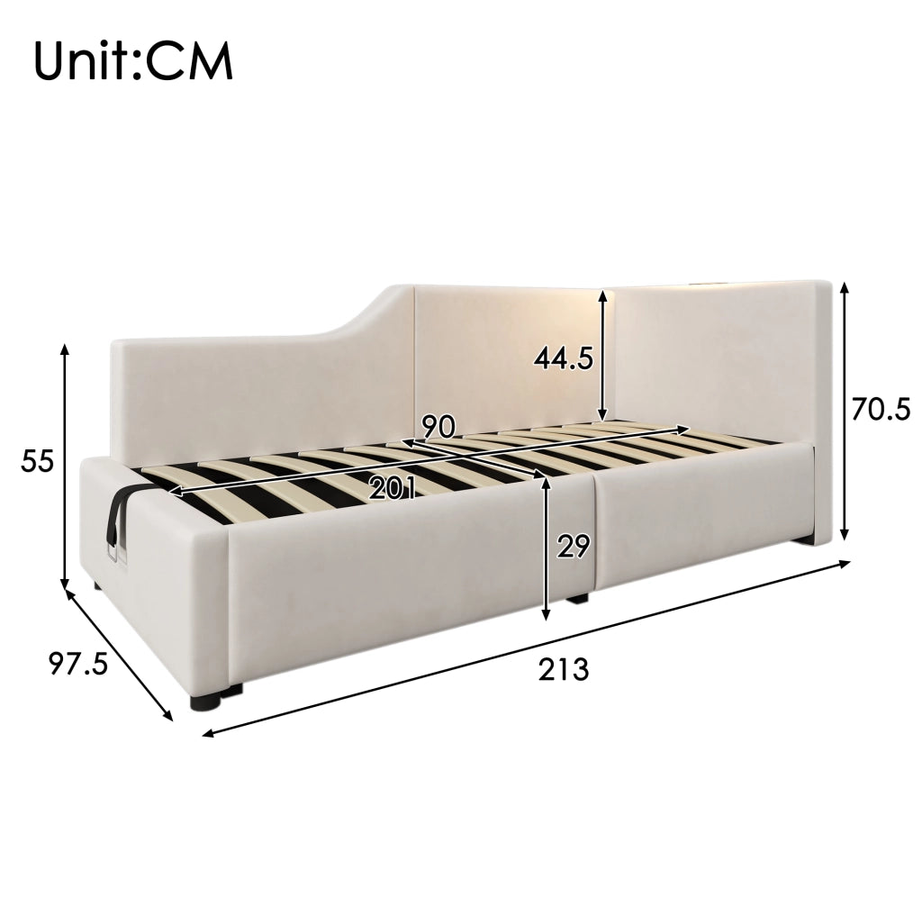 Letto a giorno 90x200 cm con contenitore; lampada da lettura e USB C; velluto beige