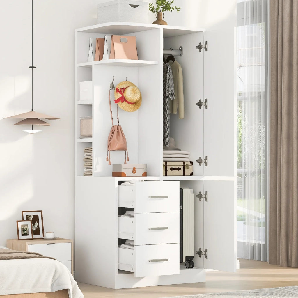 Armadio 1 anta 70x50x170 cm bianco con ripiani, cassetti, scomparti e ganci appendiabiti