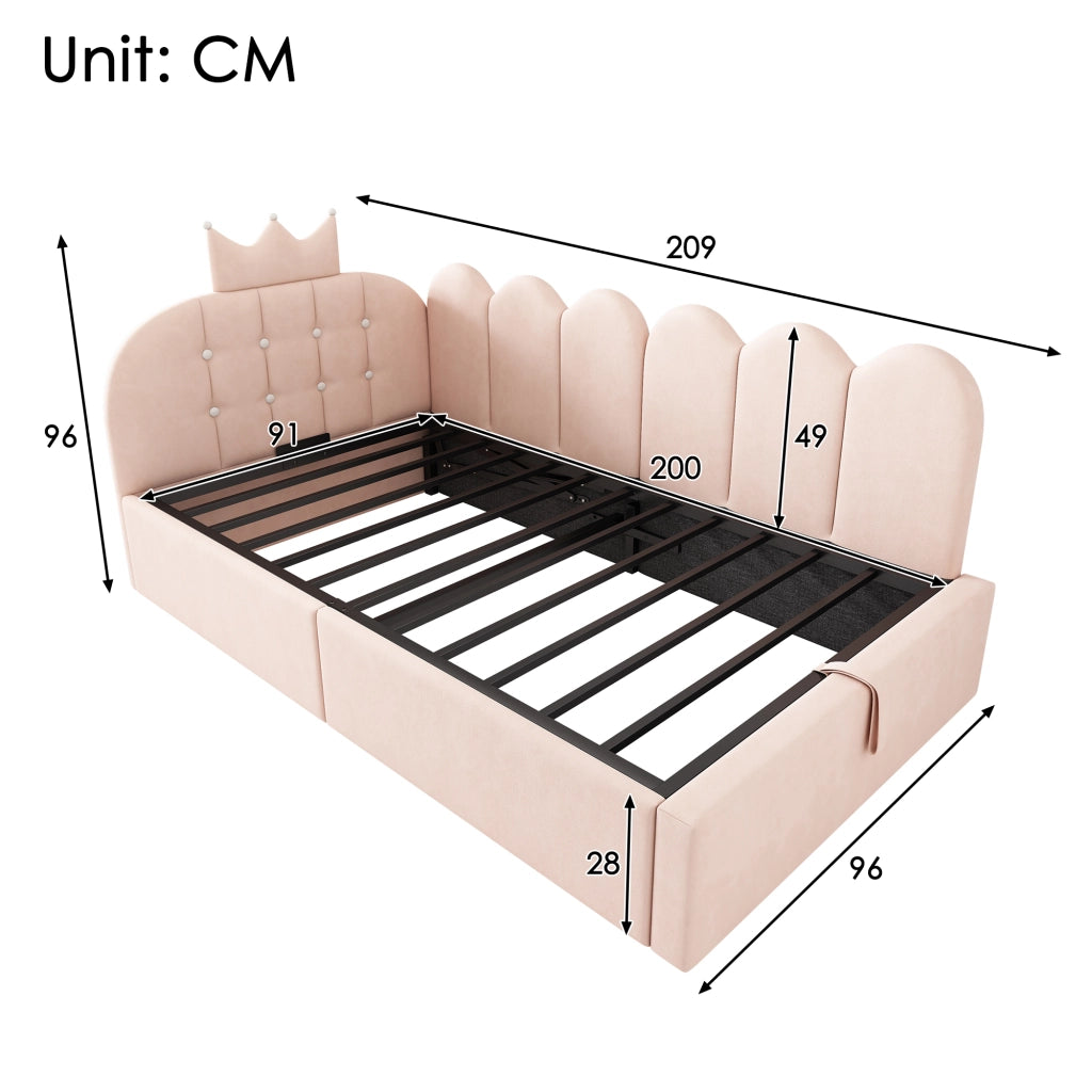 Letto singolo a divano 90 × 200 cm con contenitore idraulico in velluto rosa design corona e griglia
