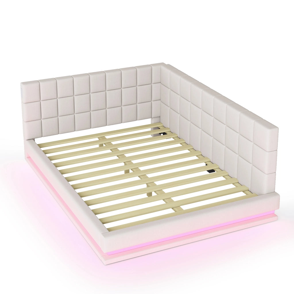 Divano letto in lino con LED e USB, 160x200 cm, beige