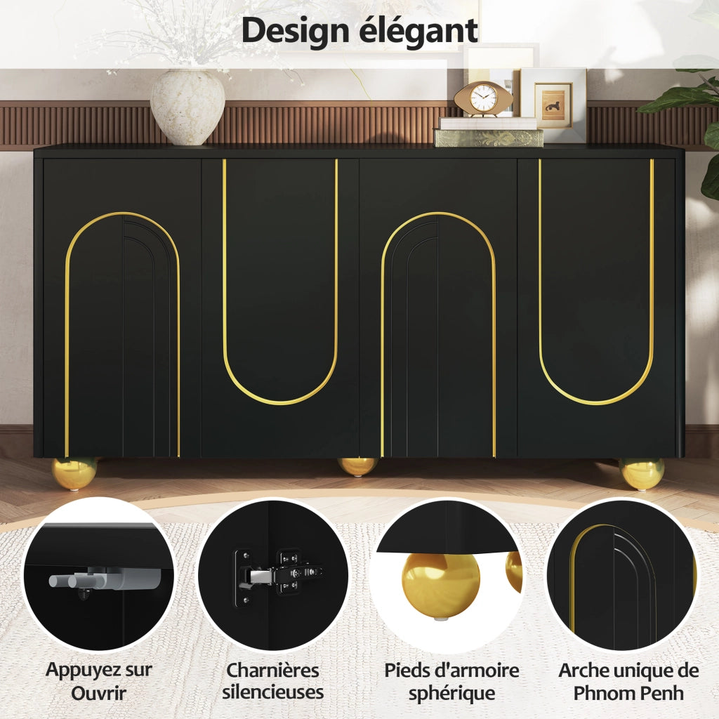 Madia a quattro ante con ripiani fissi e cerniere ammortizzate in MDF e pannello truciolare nera 140 × 40 × 74 cm