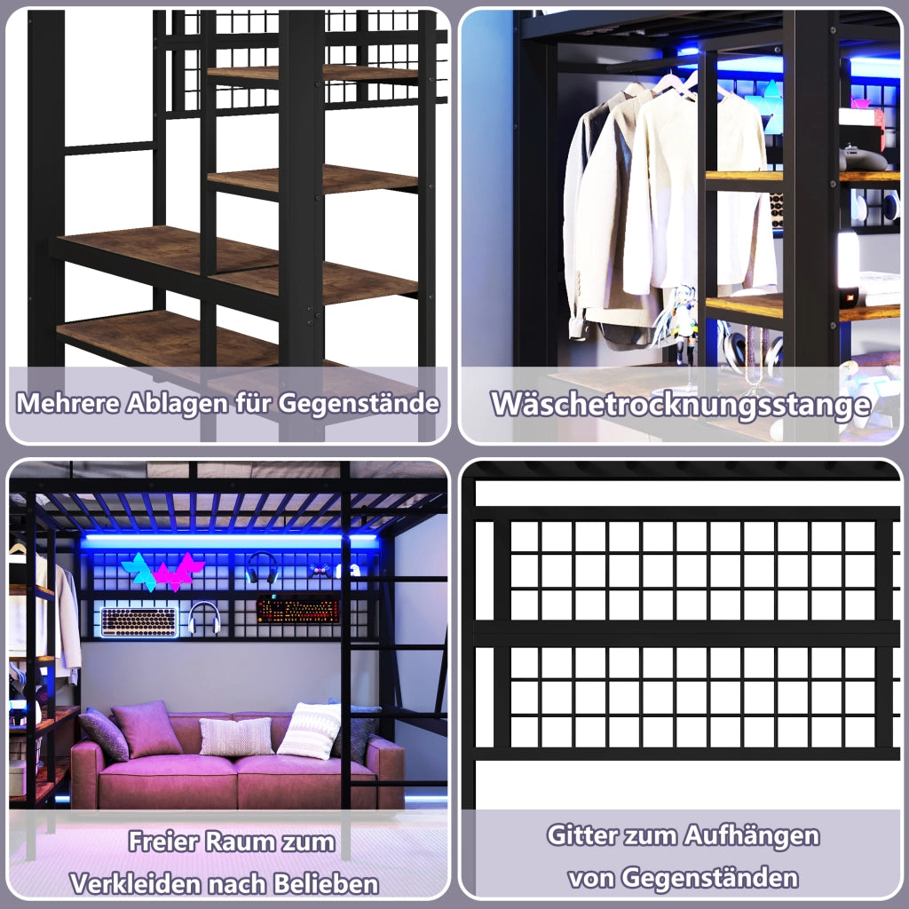 Letto a soppalco 140 × 200 cm con luci LED app ripiano rete appendiabiti metallo MDF nero senza materasso