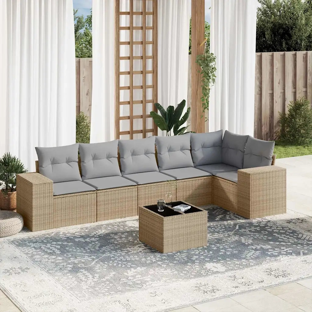 Set Divani da Giardino 7 pz con Cuscini Beige in Polyrattan