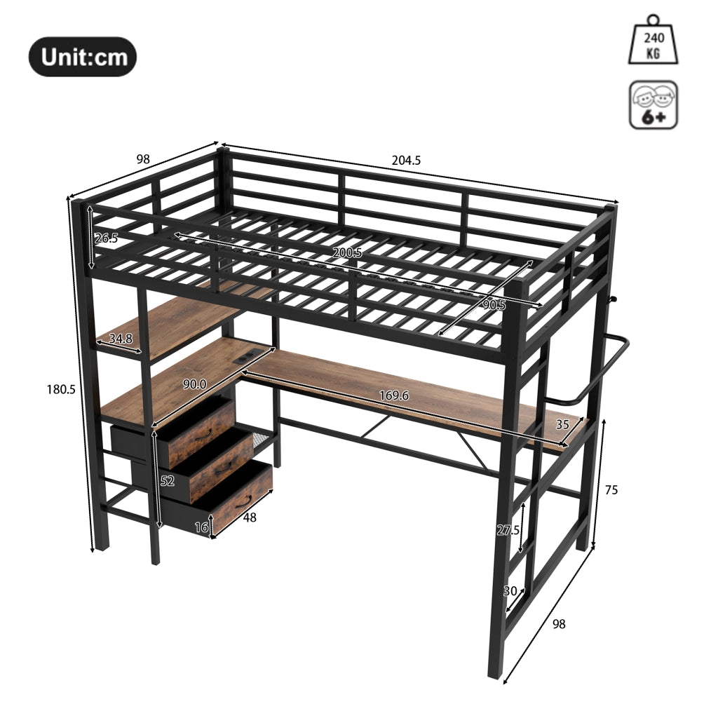 Letto a soppalco 90 × 200 cm con scrivania; LED con telecomando; presa USB; 3 cassetti; ripiani; nero