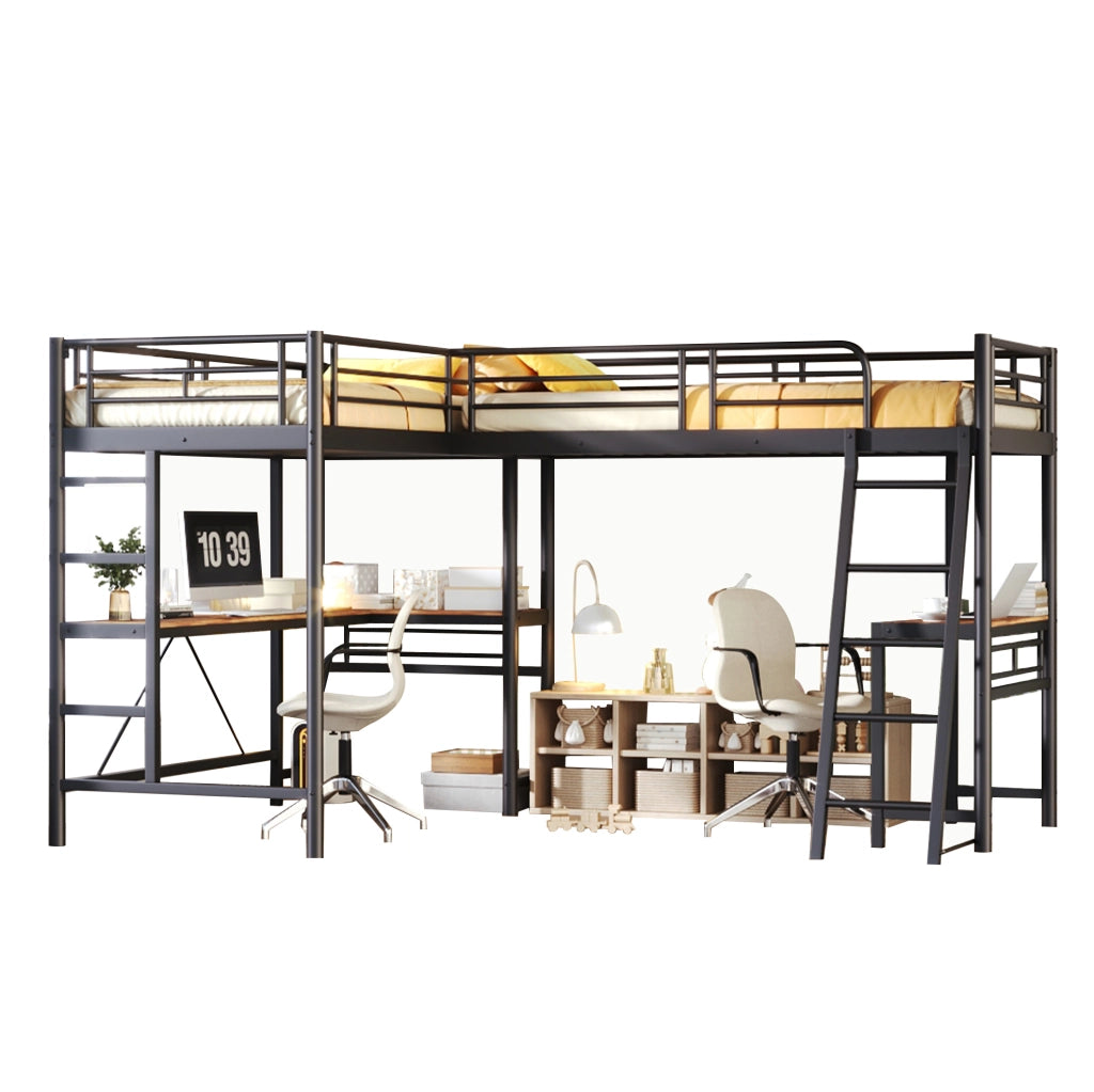Letto a soppalco 90 x 200 cm con scrivania; scala doppia e parapetto alto; ferro e MDF; nero