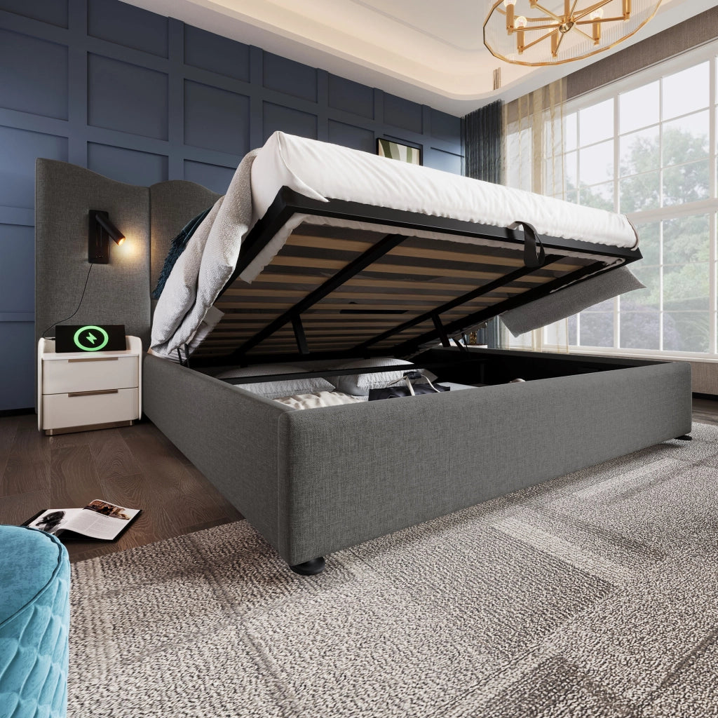 Letto contenitore 180 × 200 cm con testiera ondulata; luce orientabile; USB e Type-C; lino grigio