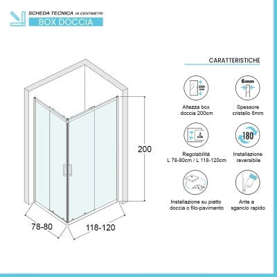 Box doccia angolare 80x120 cm doppio scorrevole in cristallo trasparente Ted