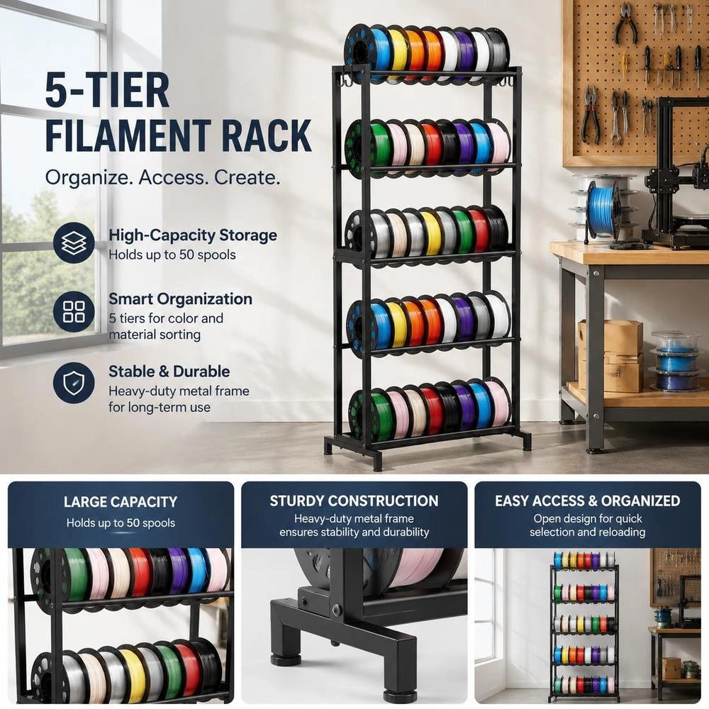 Filament Storage Rack For 3D Printers, 5 Levels, Filament Spool Holder, 635 X 320 X 1300 Mm, Load Capacity 45.3 Kg Per Level, 3D Printer Accessory Organizer For 3D Printing Studios And Workshops, Black