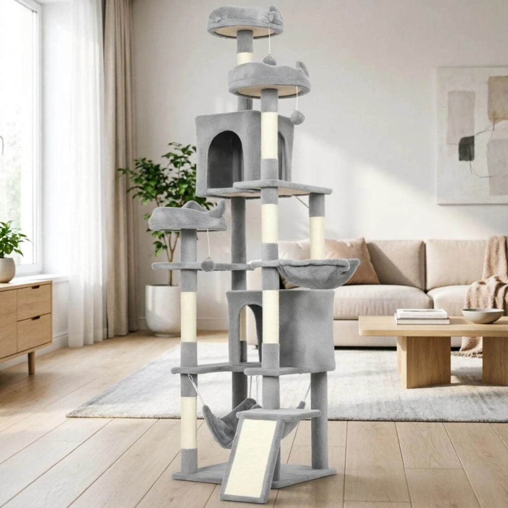 Albero tiragraffi per gatti, h 192 cm, 8 pali, 4 piattaforme, 2 nicchie, scala e 3 palline