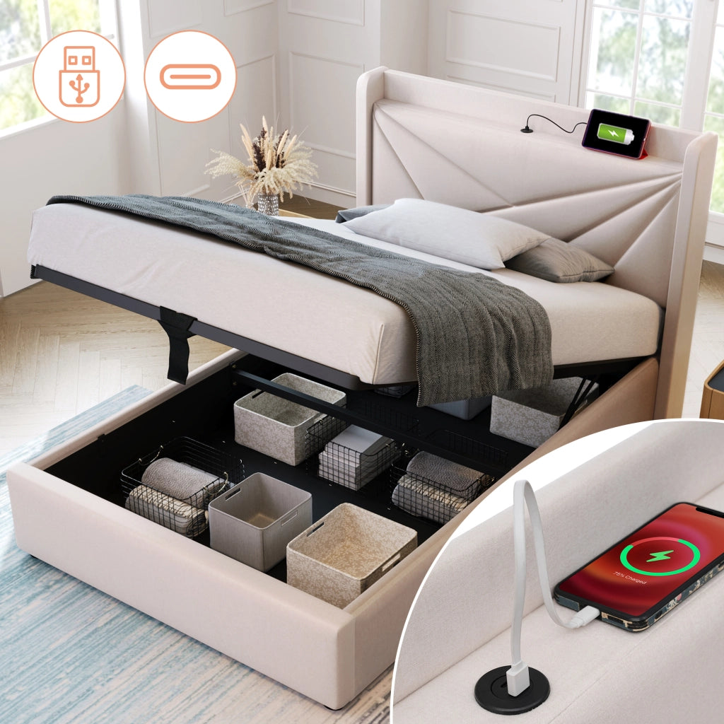 Letto singolo contenitore 90 × 200 cm con testiera USB e USB C in cotone e lino beige con rete a doghe