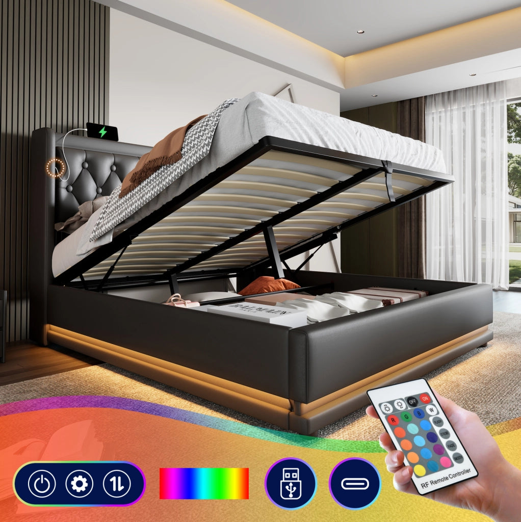 Letto matrimoniale 180x200 cm con contenitore; LED e USB-C; struttura in PU nero