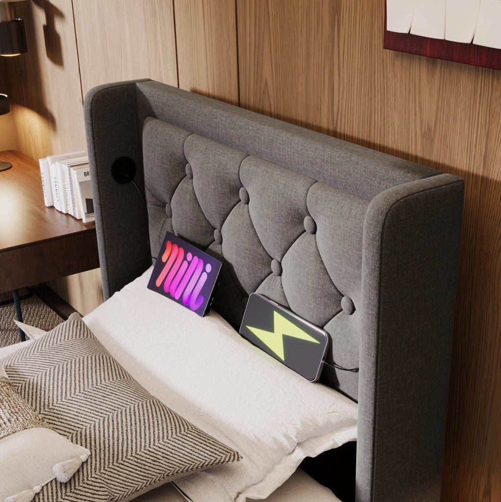 Letto singolo imbottito con contenitore 90x200 cm; cotone grigio; LED e USB Type-C