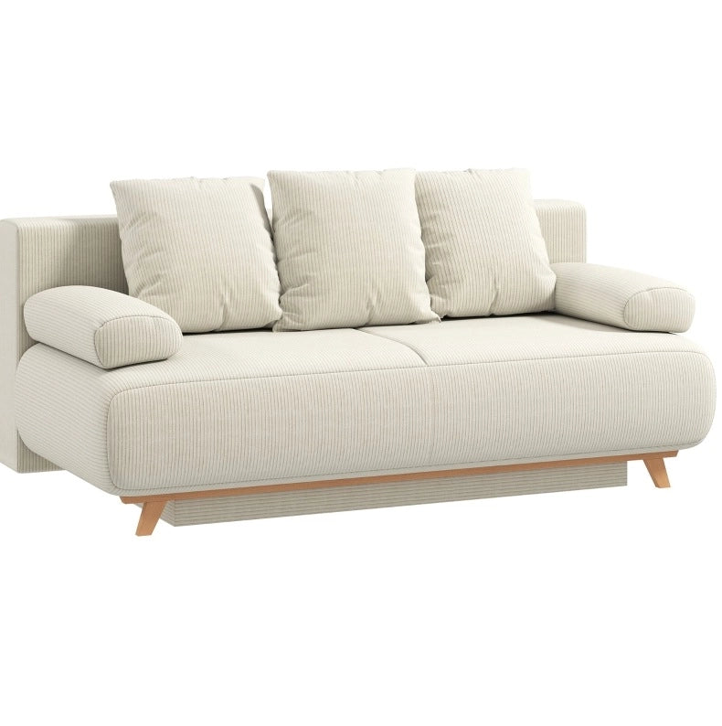 Divano letto 2 posti con schienale regolabile, funzione letto e contenitore nascosto, rivestimento in corda beige