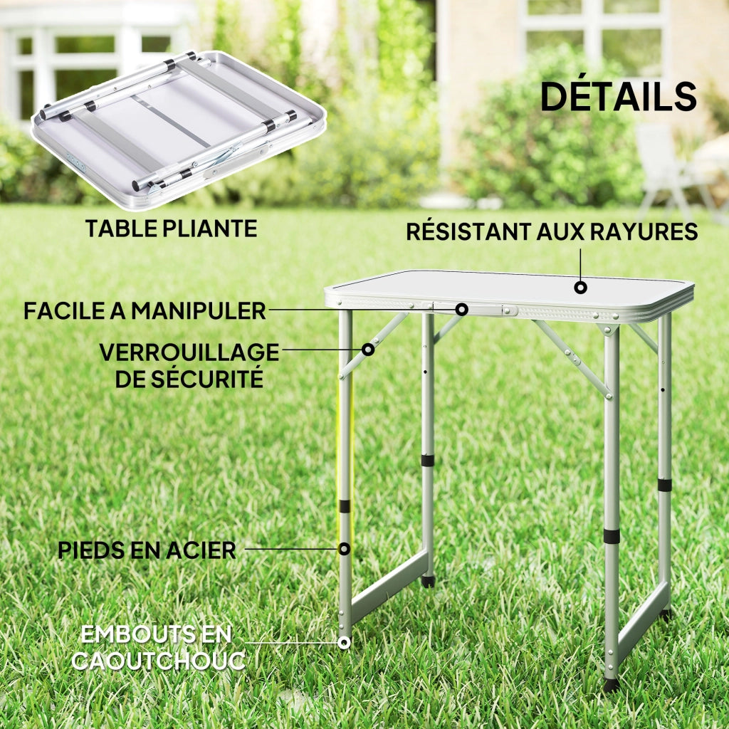 Tavolo da campeggio pieghevole ad altezza regolabile, tavolo da giardino richiudibile a valigetta in alluminio e MDF bianco