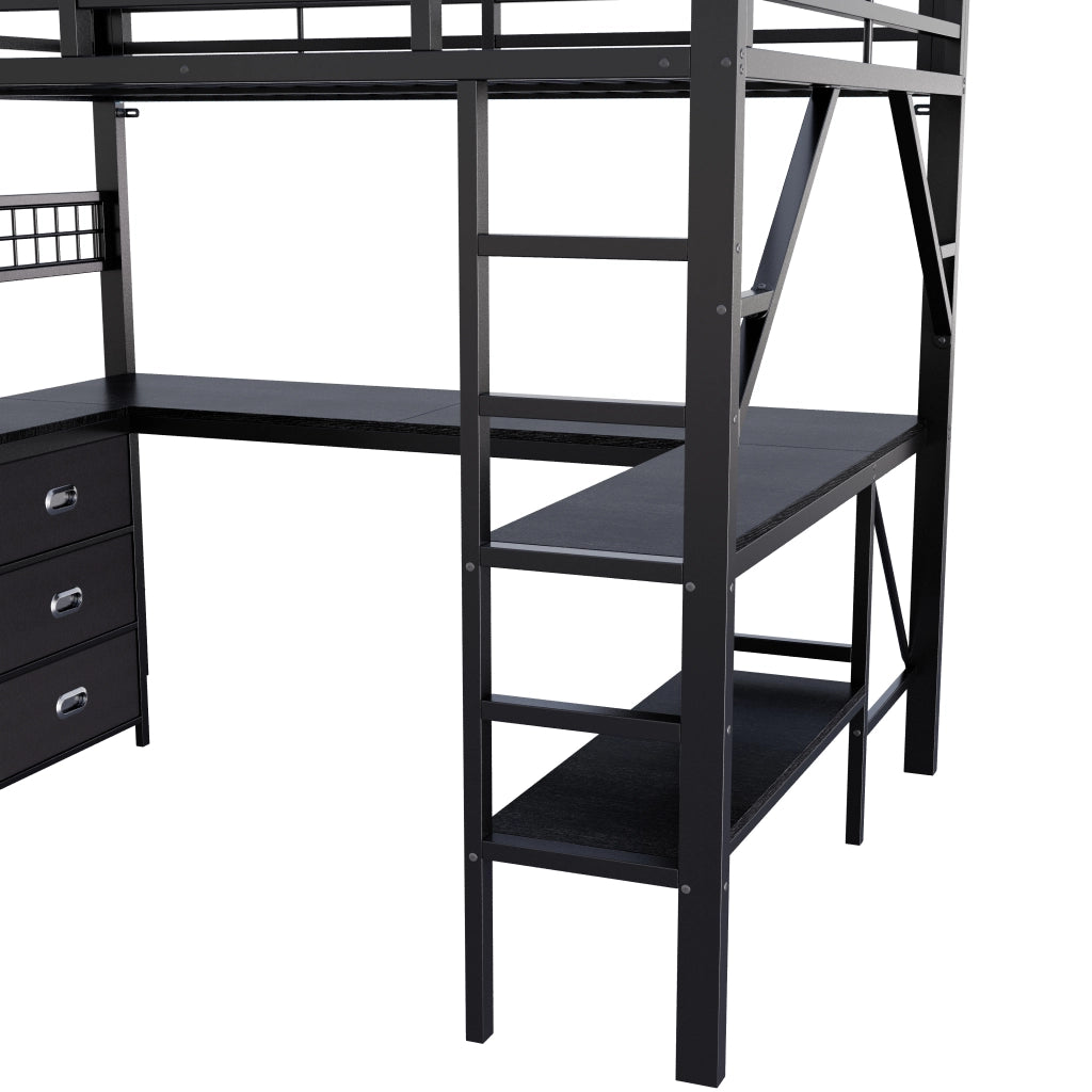 Letto a soppalco in metallo 140x200 con scrivania a U; cassetti e LED; nero