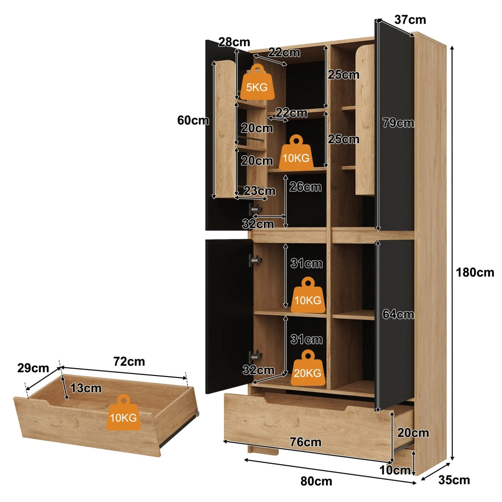 Armadio da cucina alto 80x35x180 cm, con 1 cassetto e ripiani regolabili, mensole su porta, per soggiorno e sala da pranzo