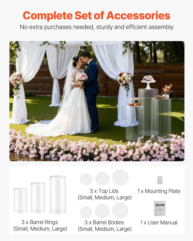 Set 3 Pezzi LJL-8025 Supporti Cilindrici per Fiori in Acrilico Trasparente Piedistalli per Matrimoni e Feste Robusti e Facili da Montare