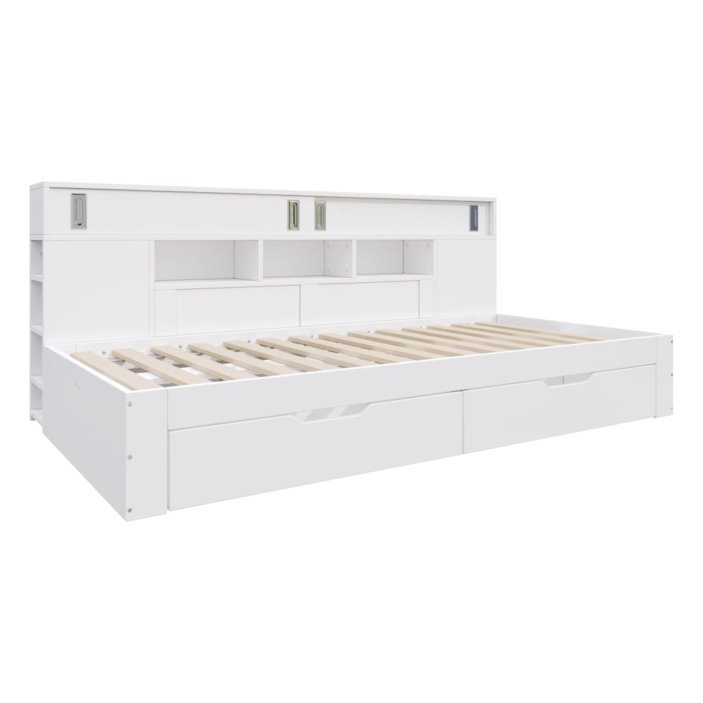 Letto con cassetti 140 × 200 cm con vani laterali e ripiani regolabili in MDF bianco con rete a doghe