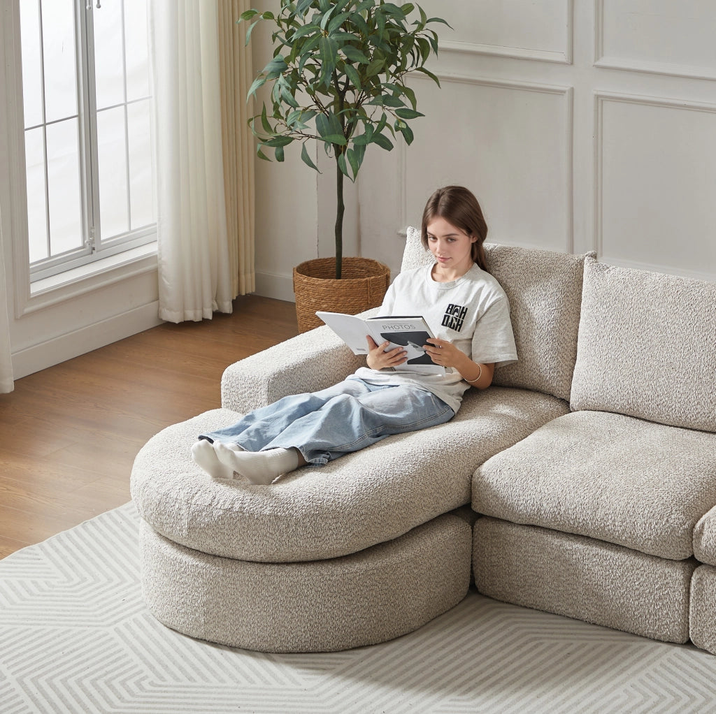 Divano modulare Chenille con chaise longue reversibile e supporto in ferro, schiuma ad alta densità, senza telaio