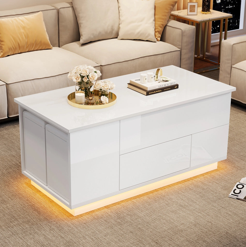 Tavolino da caff¨¨ elevabile 100x50 cm con LED, 2 cassetti e 2 sgabelli bianco