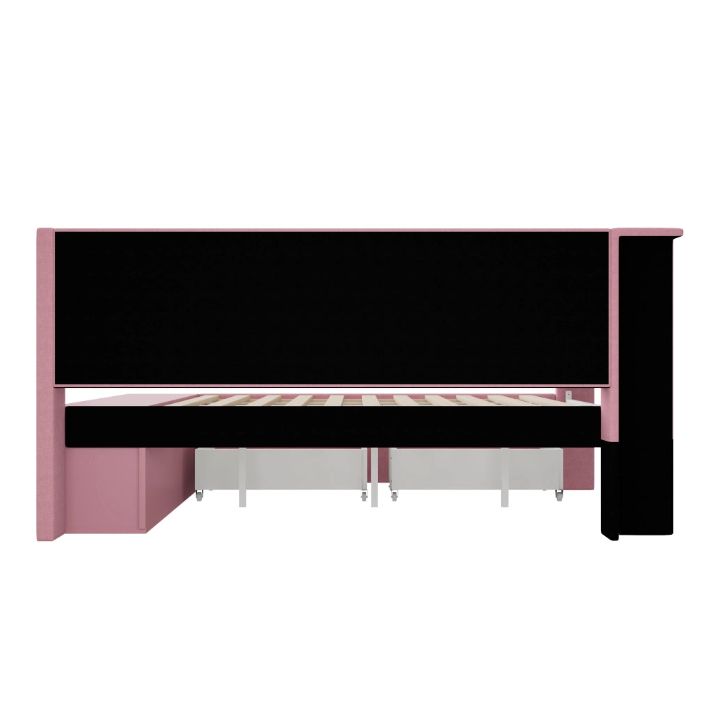 Letto con cassetti 90 × 200 cm con LED USB mobile portascarpe struttura imbottita in MDF e compensato rosa