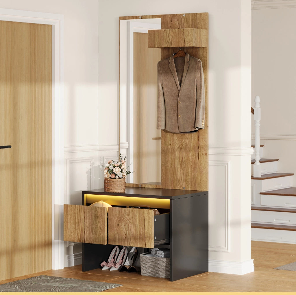 Set appendiabiti 60x38x145 cm nero e naturale in truciolato, specchio e 2 cassetti