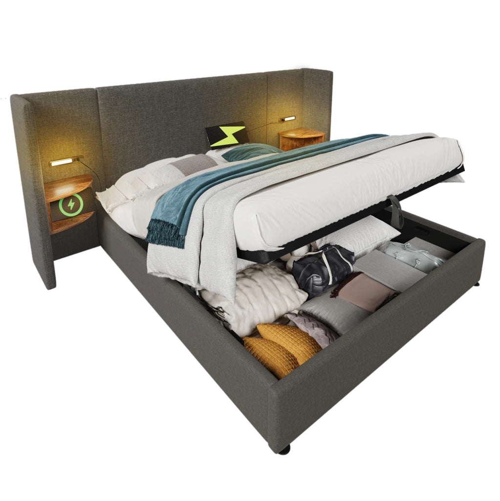 Letto imbottito 160x200 cm grigio con vano contenitore, luce LED, USB e Type-C