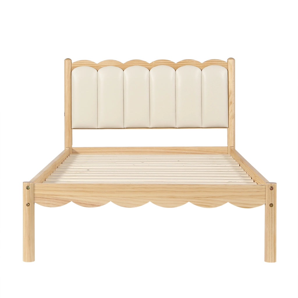 Letto singolo per bambini imbottito 90 × 200 cm con testiera in PU rete a doghe in legno beige e naturale