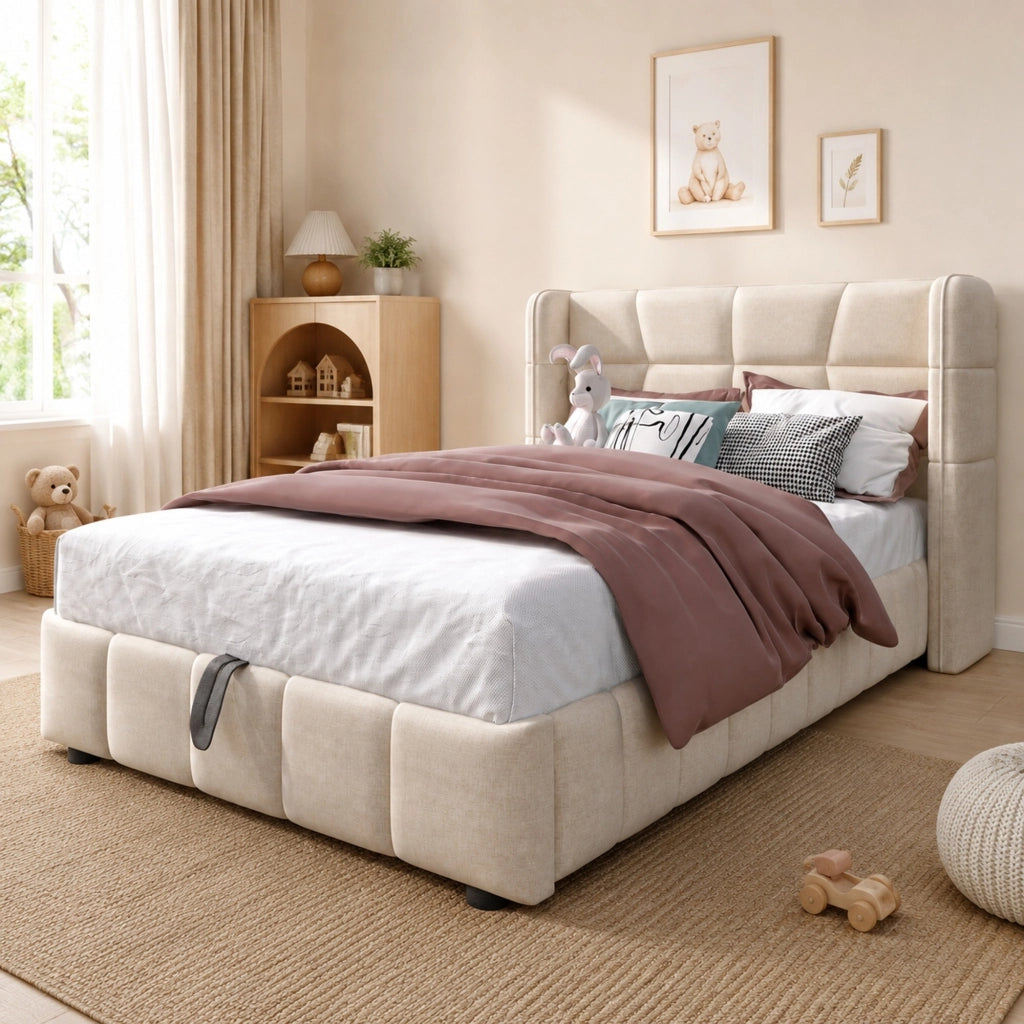 Letto imbottito con contenitore 90 x 200 cm beige