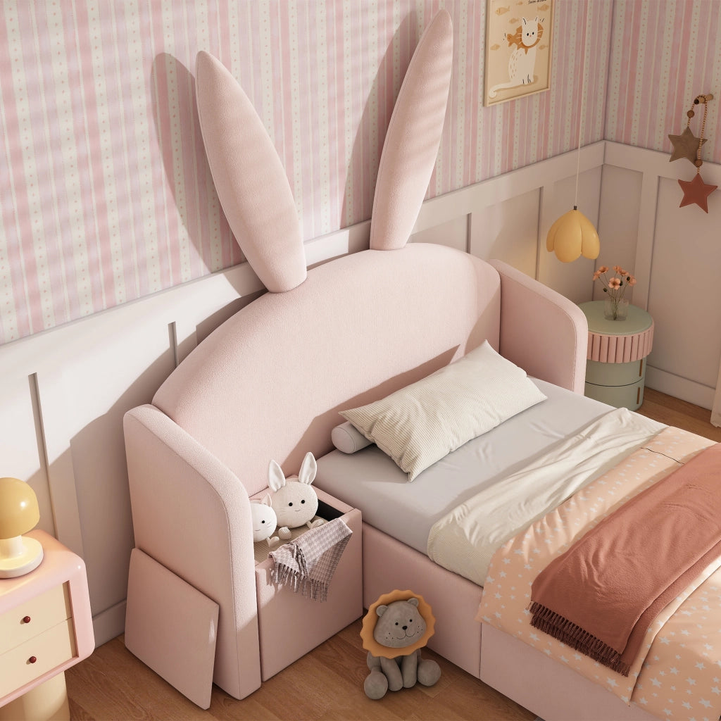 Letto per bambini 90x190 cm, letto idraulico con contenitore, testiera imbottita, forma a orecchie di coniglio, tessuto in velluto, rosa