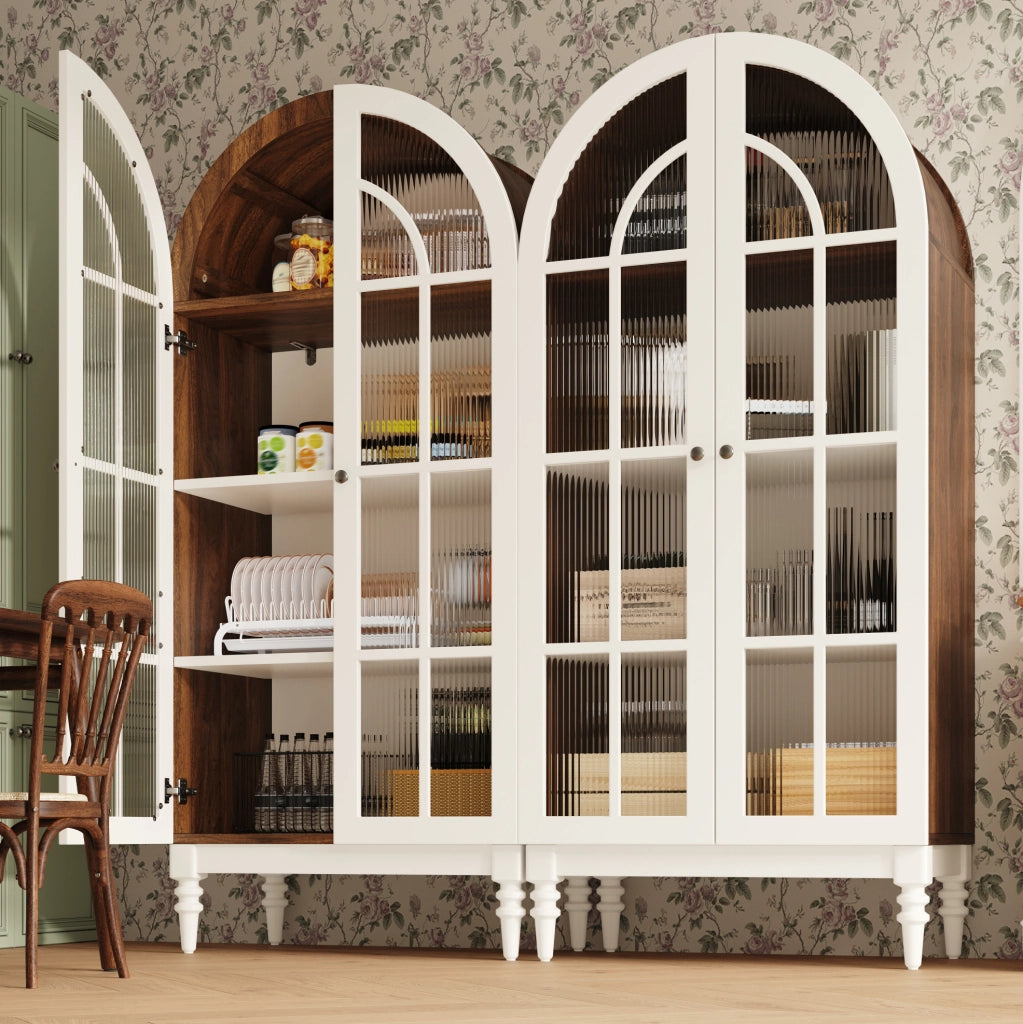 Vetrina ad arco 165 cm con ante doppie in vetro rigato, 3 ripiani, MDF e metallo, colori noce e bianco