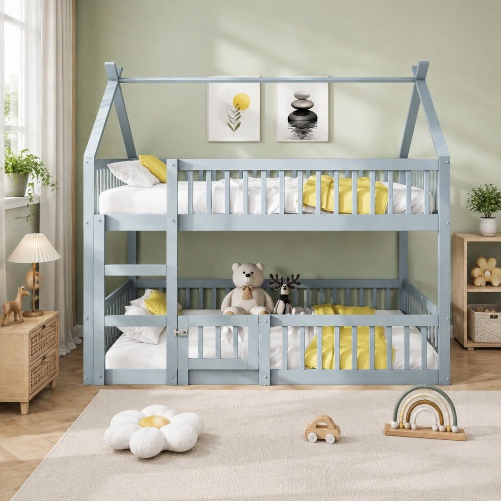 Letto a castello per bambini 140 × 200 cm con scala in legno grigio porta apribile e sponde alte
