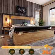 Letto 180x200 cm con comodini; panca contenitore; luci di lettura e USB/Type-C; effetto rovere