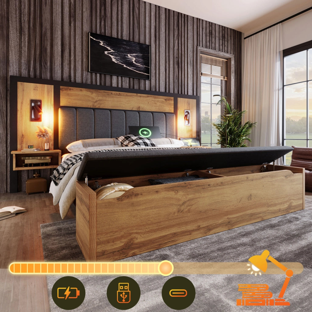 Letto 180x200 cm con comodini; panca contenitore; luci di lettura e USB/Type-C; effetto rovere