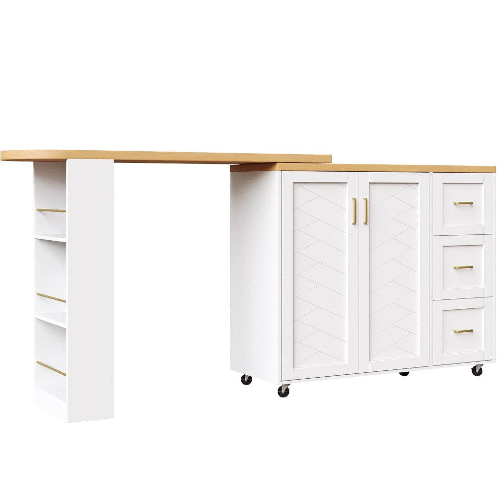 Carrello Bar allungabile con 2 Ante, 3 Cassetti e Piano in Effetto Legno, bianco/nero, 135-228x39x104 cm, con ruote