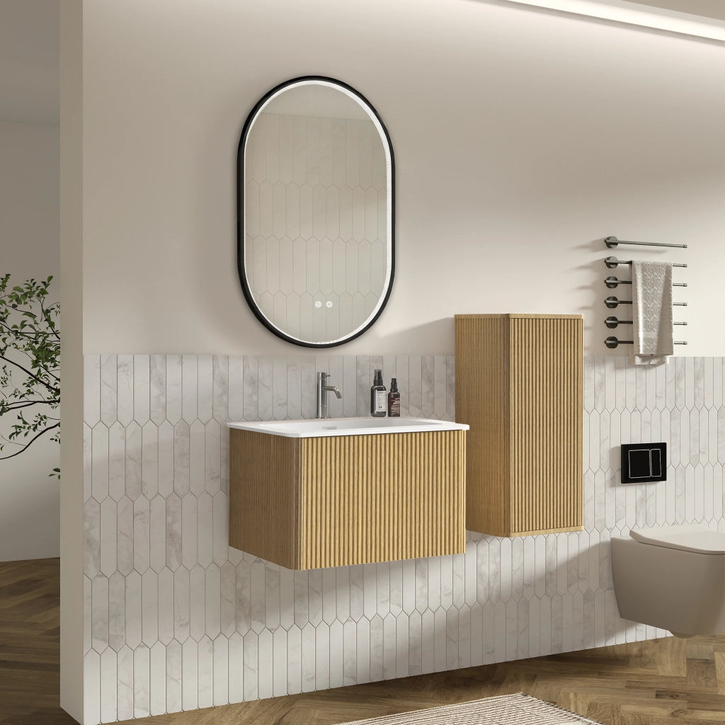 Set mobili bagno con lavabo e specchio LED regolabile in MDF rovere