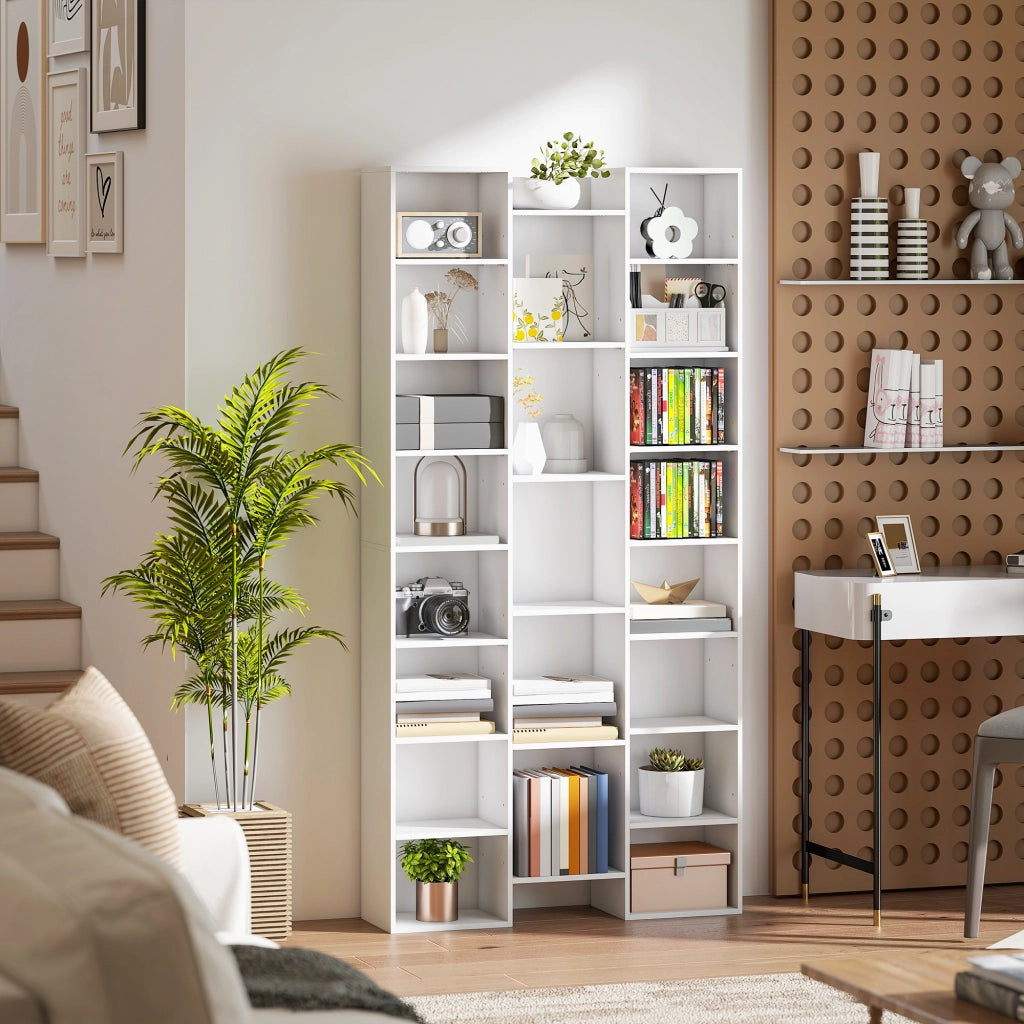 Libreria Bianca con 21 Vani e Ripiani Regolabili in Pannelli di Particelle; per Soggiorno; 89;5 x 23;5 x 181 cm