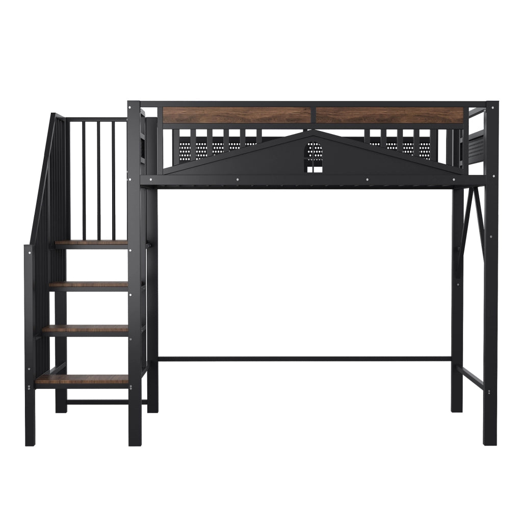 Letto a soppalco 90x200 cm in metallo con scala contenitore e finestra, nero