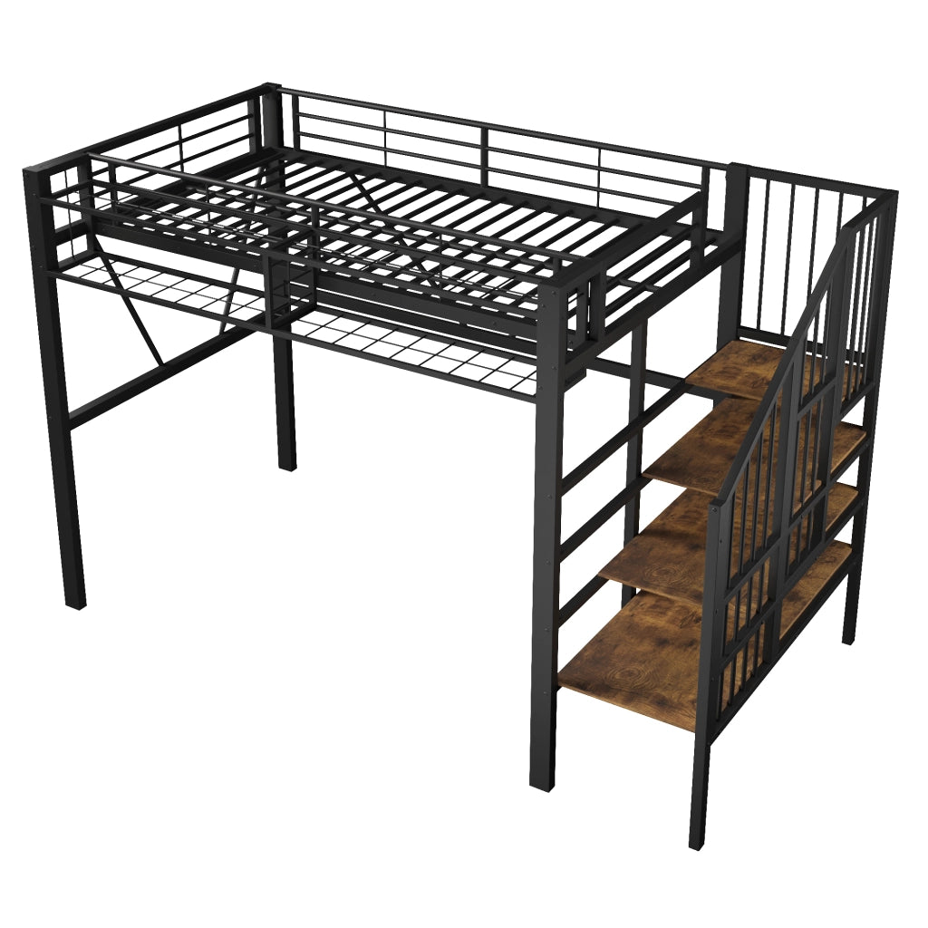 Letto a soppalco 90x200 cm in metallo e MDF, con ripiani a gradini, vano aperto, LED, nero