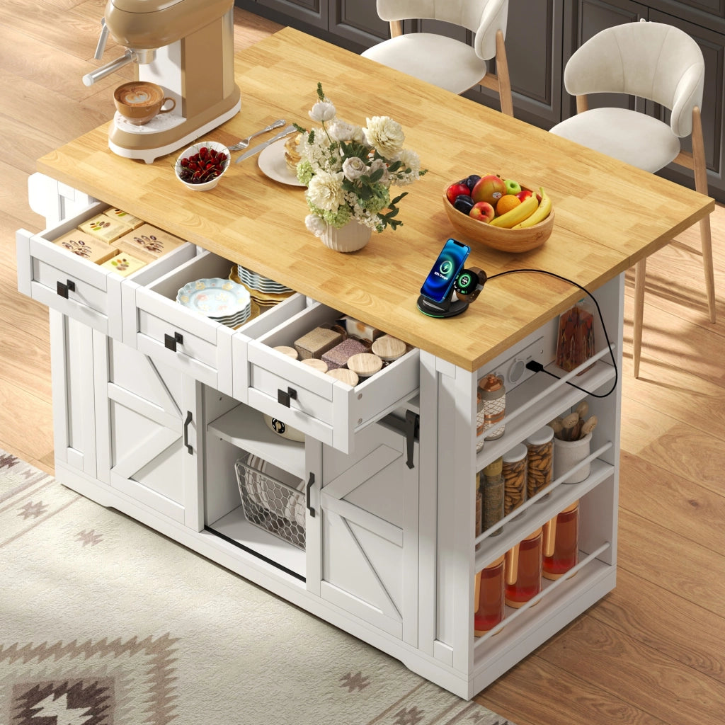 Isola da cucina mobile con piano ribaltabile; ante scorrevoli e prese; bianco e legno; 130x50(80)x87 cm
