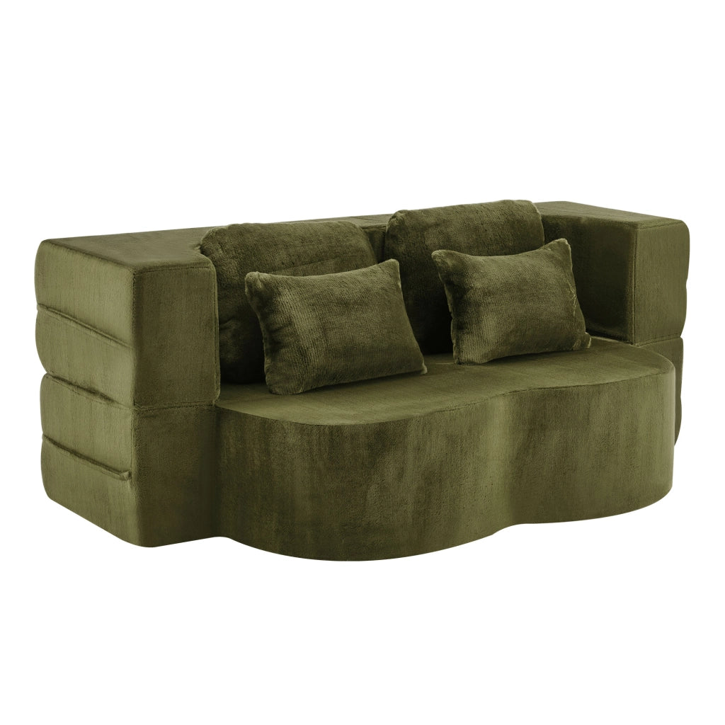 Divano letto pieghevole 2 in 1 con 4 cuscini, funzione materasso per ospiti in tessuto peluche verde