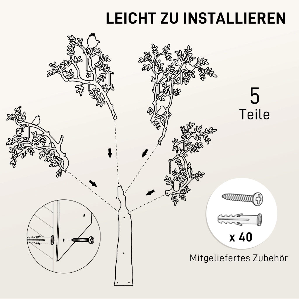Appendiabiti da parete con 8 ganci, design ad albero con 4 uccelli, nero, salvaspazio, per ingresso