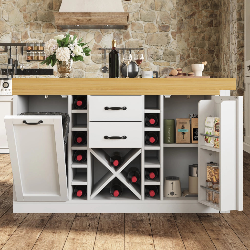 Tavolo da cucina con piano girevole 360° portabottiglie estraibile e portarifiuti bianco 120–223 × 40 × 73.8 cm