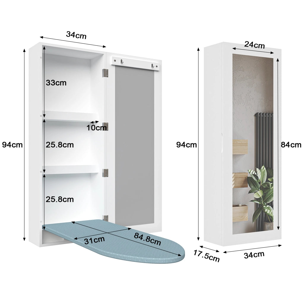 ASSE DA STIRO A MURO CON ARMADIO E SPECCHIO, BIANCO, MDF