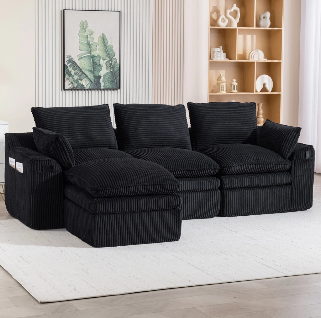 Divano modulare 3 posti in velluto a coste con pouf, cuscini e 2 tasche laterali, imbottitura a 3 strati con molle per un rapido ritorno elastico, nero