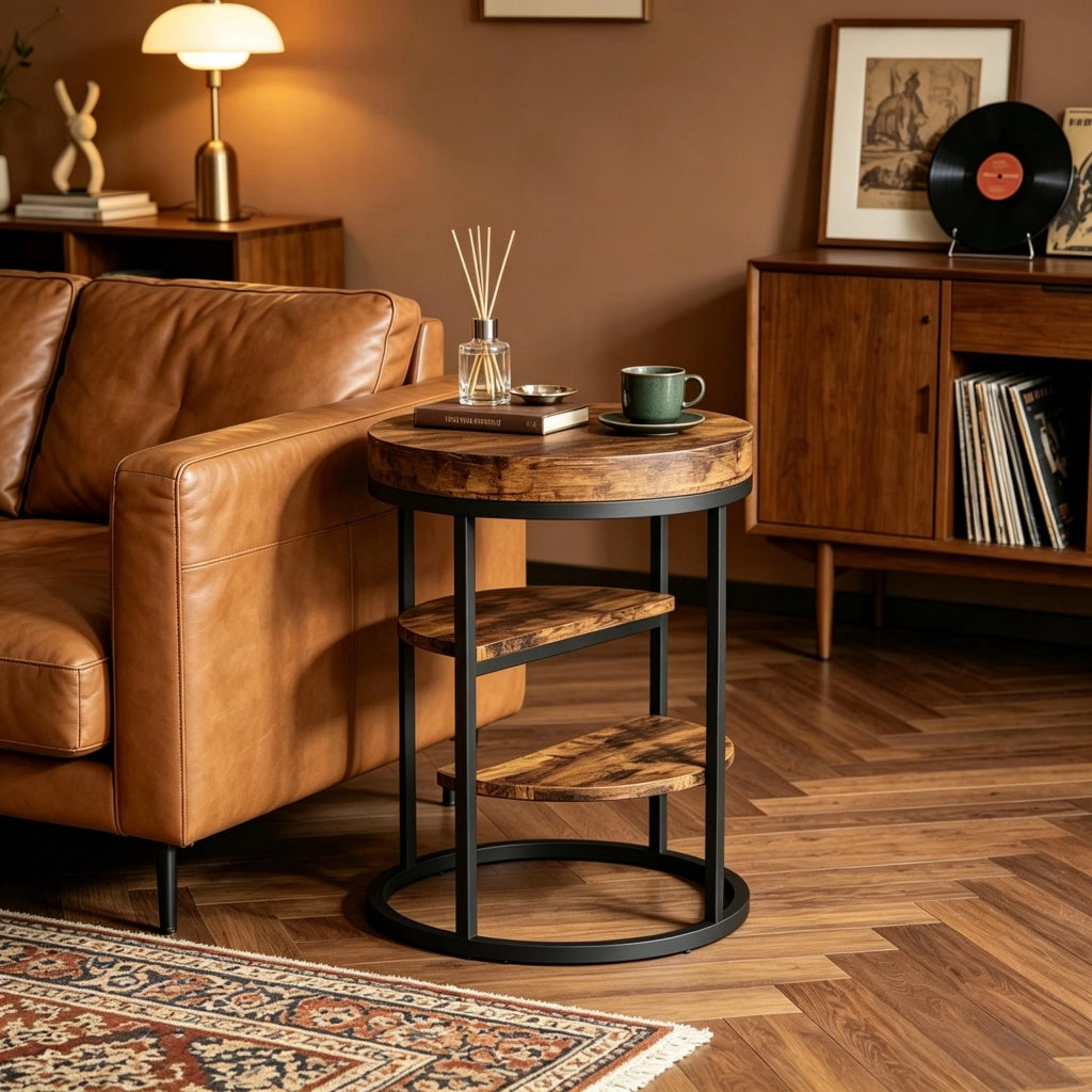 Tavolino da divano rotondo con struttura in metallo e legno marrone rustico diametro circa 50 cm