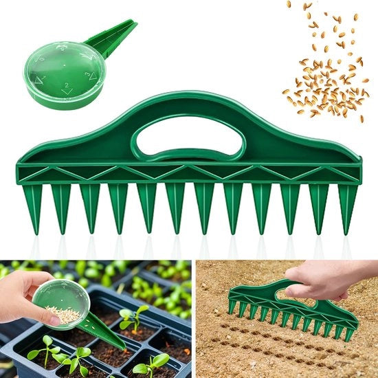 Set di 2 macchine da giardinaggio - aiutante di semina con 12 fori, macchina da semina manuale per il giardino, distributore di semi con regolazione manuale per la semina di semi, contenitore di semi, plettro manuale per la pressione