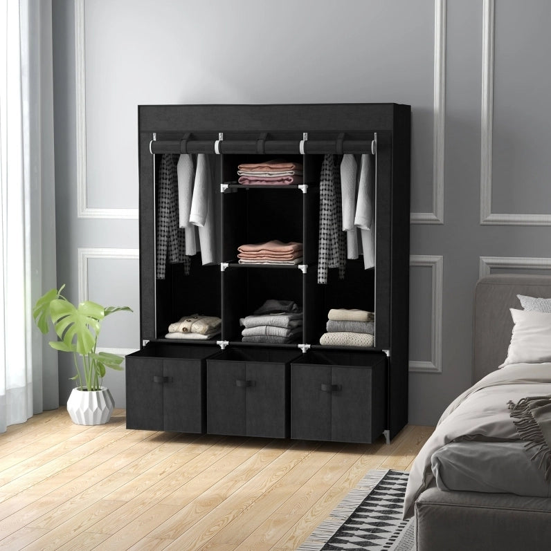 Armadio pieghevole in tessuto non tessuto con 3 cassetti, 125 x 43 x 162,5 cm, nero